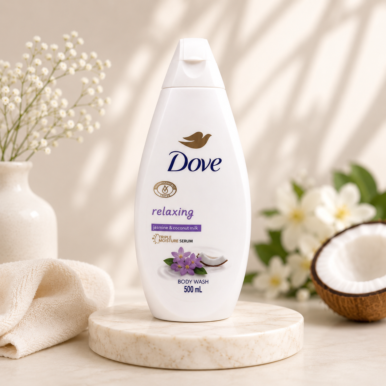 شامپو بدن Dove Relaxing با رایحه یاس و شیر نارگیل (500 میلی‌لیتر) است