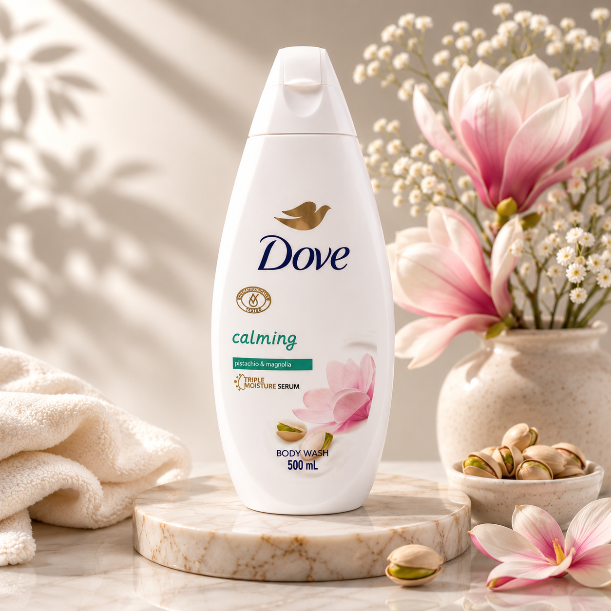 شامپو بدن داو Calming با رایحه پسته و مگنولیا 500 میلی‌لیتر  شامپو بدن Dove Calming با رایحه ملایم پسته و گل مگنولیا، تجربه‌ای آرامش‌بخش از استحمام را برای شما فراهم می‌کند. این محصول با بهره‌گیری از Triple Moisture Serum ضمن پاکسازی مؤثر پوست، به حفظ رطوبت طبیعی آن کمک کرده و از ایجاد حس خشکی پس از شستشو جلوگیری می‌کند
