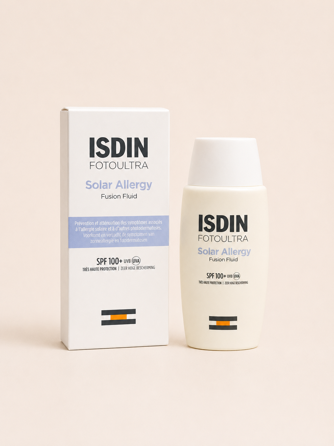 ضد آفتاب ایزدین FotoUltra Solar Allergy Fusion Fluid SPF100+ حجم 50 میلی‌لیتر  ضد آفتاب ISDIN FotoUltra Solar Allergy Fusion Fluid SPF100+ محصولی تخصصی برای افرادی است که پوست حساس به نور خورشید یا آلرژی نوری (Solar Allergy) دارند. این ضد آفتاب با SPF100+ محافظتی بسیار بالا در برابر اشعه‌های UVA و UVB ایجاد کرده و به کاهش علائم ناشی از حساسیت به نور خورشید مانند قرمزی، خارش و التهاب کمک می‌کند.  بافت فلوئیدی و فوق‌العاده سبک این محصول به‌سرعت جذب پوست شده و بدون ایجاد حس چربی یا سفیدک، برای استفاده روزانه مناسب است. همچنین فرمولاسیون آن برای پوست‌های حساس طراحی شده و تحمل‌پذیری بالایی دارد