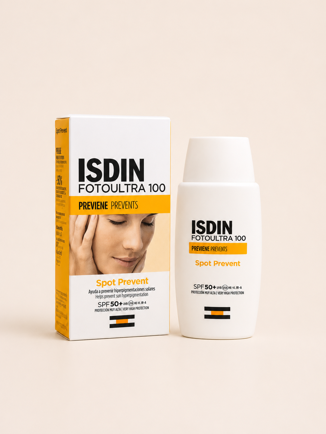 ضد آفتاب ایزدین FotoUltra 100 Spot Prevent SPF50+ حجم 50 میلی‌لیتر  ضد آفتاب ISDIN FotoUltra 100 Spot Prevent SPF50+ یک ضد آفتاب تخصصی با محافظت بسیار بالا است که برای پیشگیری از ایجاد لک‌های ناشی از نور خورشید طراحی شده است. این محصول با محافظت سه برابر بیشتر از حداقل استاندارد محافظت در برابر اشعه UVA، از پوست در برابر آسیب‌های ناشی از آفتاب محافظت کرده و برای افرادی که مستعد ملاسما، لک‌های ناشی از آفتاب یا دوران بارداری هستند، انتخابی ایده‌آل محسوب می‌شود.  بافت فلوئیدی و سبک این ضد آفتاب به‌سرعت جذب پوست شده، بدون ایجاد احساس چربی یا سفیدک، پوششی راحت برای استفاده روزانه فراهم می‌کند