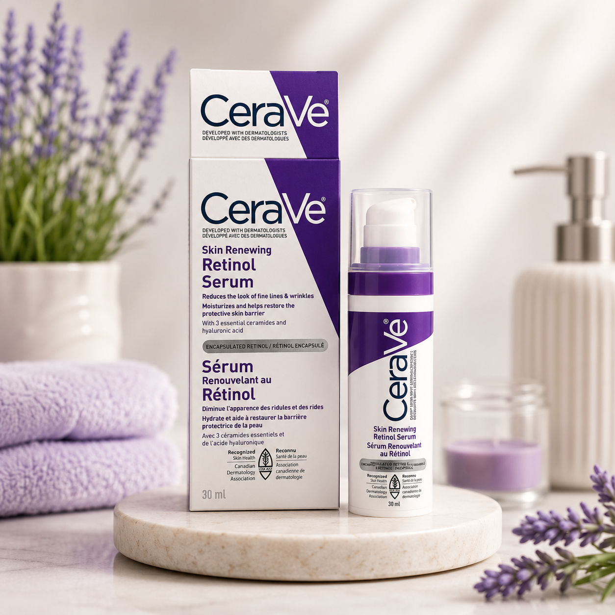سرم رتینول جوان‌ساز پوست سراوی (CeraVe Skin Renewing Retinol Serum) – 30 میلی‌لیتر  سرم رتینول جوان‌ساز سراوی محصولی تخصصی برای کاهش علائم پیری پوست، بهبود بافت پوست و افزایش شادابی و لطافت آن است. این سرم با بهره‌گیری از رتینول کپسوله‌شده (Encapsulated Retinol)، به مرور زمان ظاهر خطوط ریز، چین‌وچروک و ناهمواری‌های پوست را کاهش می‌دهد، در حالی که فرمول ملایم آن احتمال تحریک پوست را به حداقل می‌رساند.  وجود ۳ سرامید ضروری و هیالورونیک اسید در کنار رتینول، به تقویت سد دفاعی پوست، حفظ رطوبت و جلوگیری از خشکی کمک می‌کند. این محصول بدون عطر، غیر کومدون‌زا و مناسب استفاده روزانه برای انواع پوست، به‌ویژه پوست‌های نرمال، مختلط و خشک است