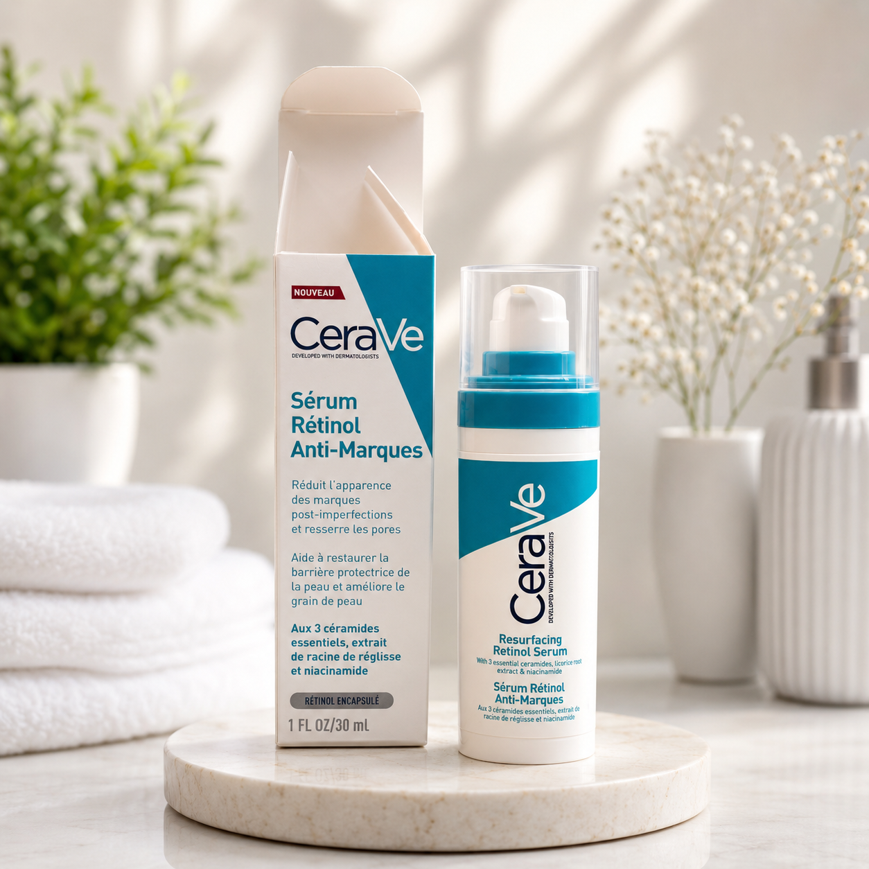 سرم رتینول ضد لک و جای جوش سراوی (CeraVe Resurfacing Retinol Serum)  سرم CeraVe Resurfacing Retinol Serum یک سرم تخصصی برای کاهش جای جوش، لک‌های پس از آکنه و بهبود بافت پوست است. این محصول با بهره‌گیری از رتینول کپسوله‌شده، نیاسینامید و ۳ سرامید ضروری به بازسازی پوست، کاهش ظاهر منافذ و یکدست شدن رنگ پوست کمک می‌کند، در حالی که سد دفاعی طبیعی پوست را نیز تقویت می‌کند.  فرمولاسیون ملایم و فاقد عطر این سرم برای پوست‌های مستعد جوش طراحی شده و با استفاده مداوم، پوست را صاف‌تر، شفاف‌تر و یکنواخت‌تر نشان می‌دهد