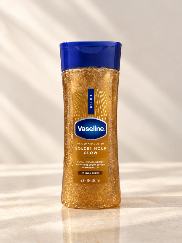 ژل روغنی درخشانکننده بدن وازلین مدل Golden Hour Glow با رایحه وانیل و کاکائو حجم ۲۰۰ میلیلیتر